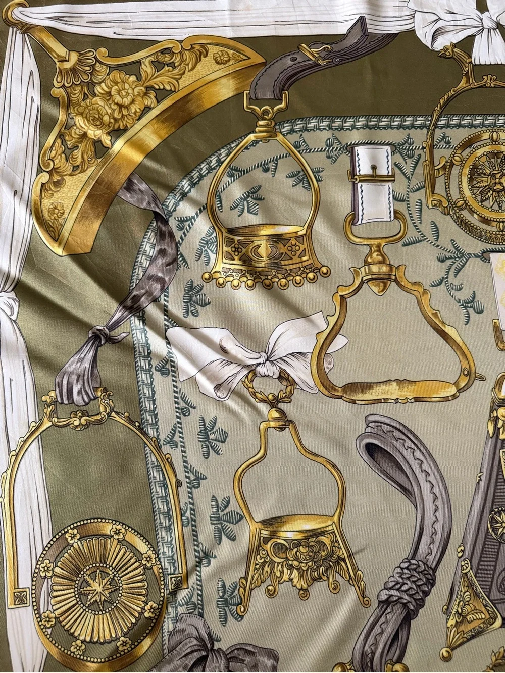 Hermes Etriers Silk Scarf with Gold Equestrian Hardware Print in Olive and Cream - Picture 13 of 16